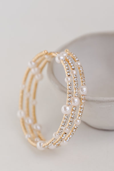Gold Pearl + Rhinestone Bracelet Set