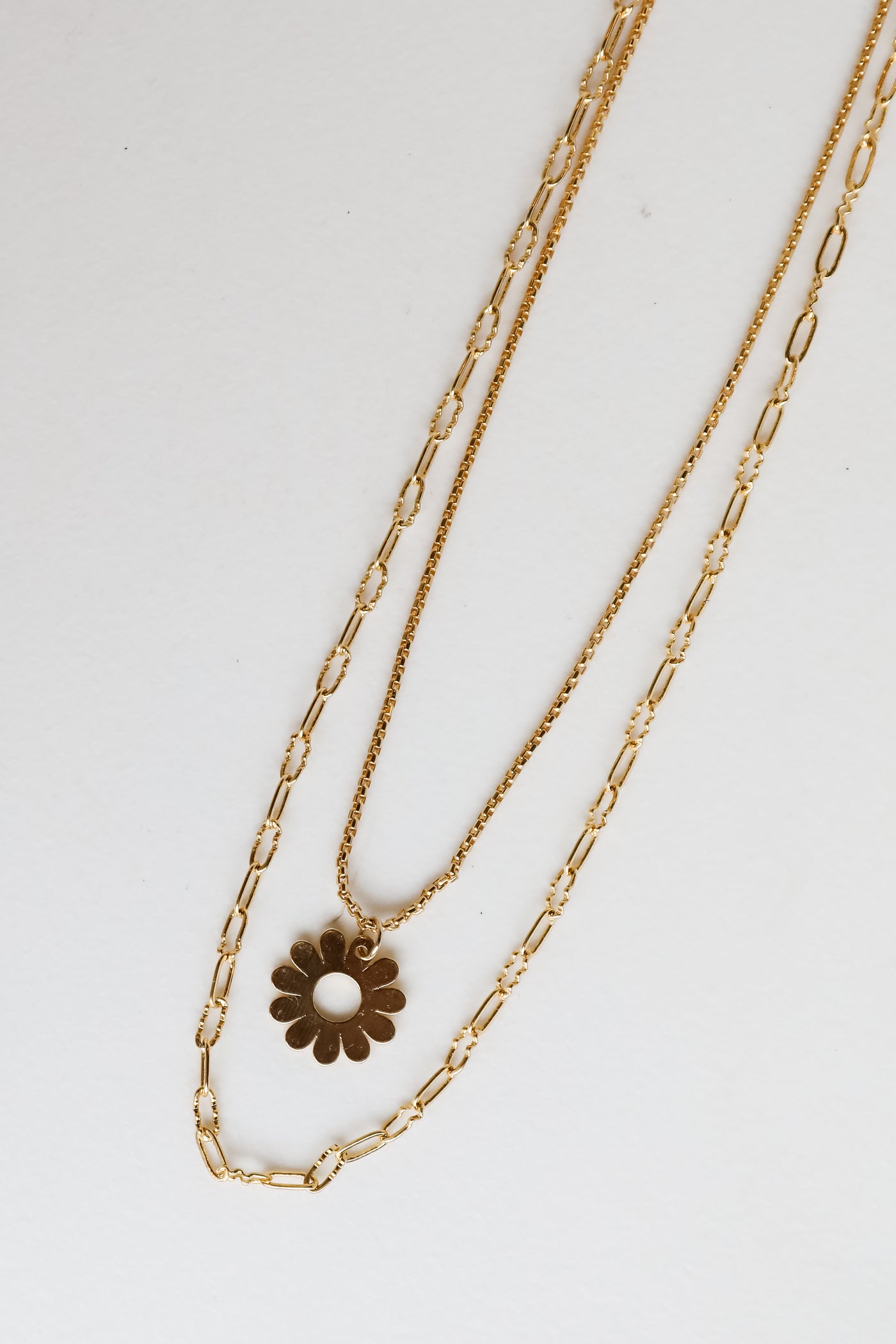 Gold Flower Charm Layered Necklace close up
