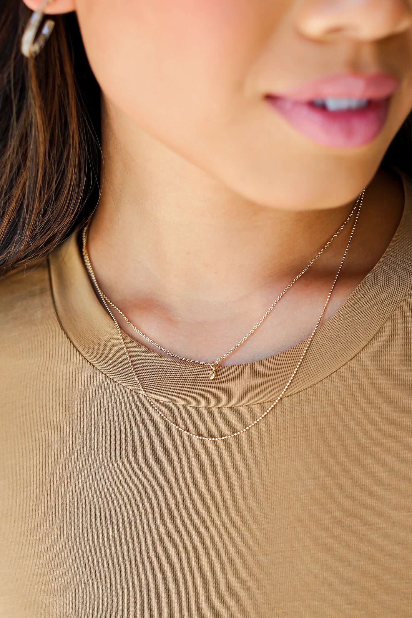 Gold Rhinestone Charm Layered Necklace close up