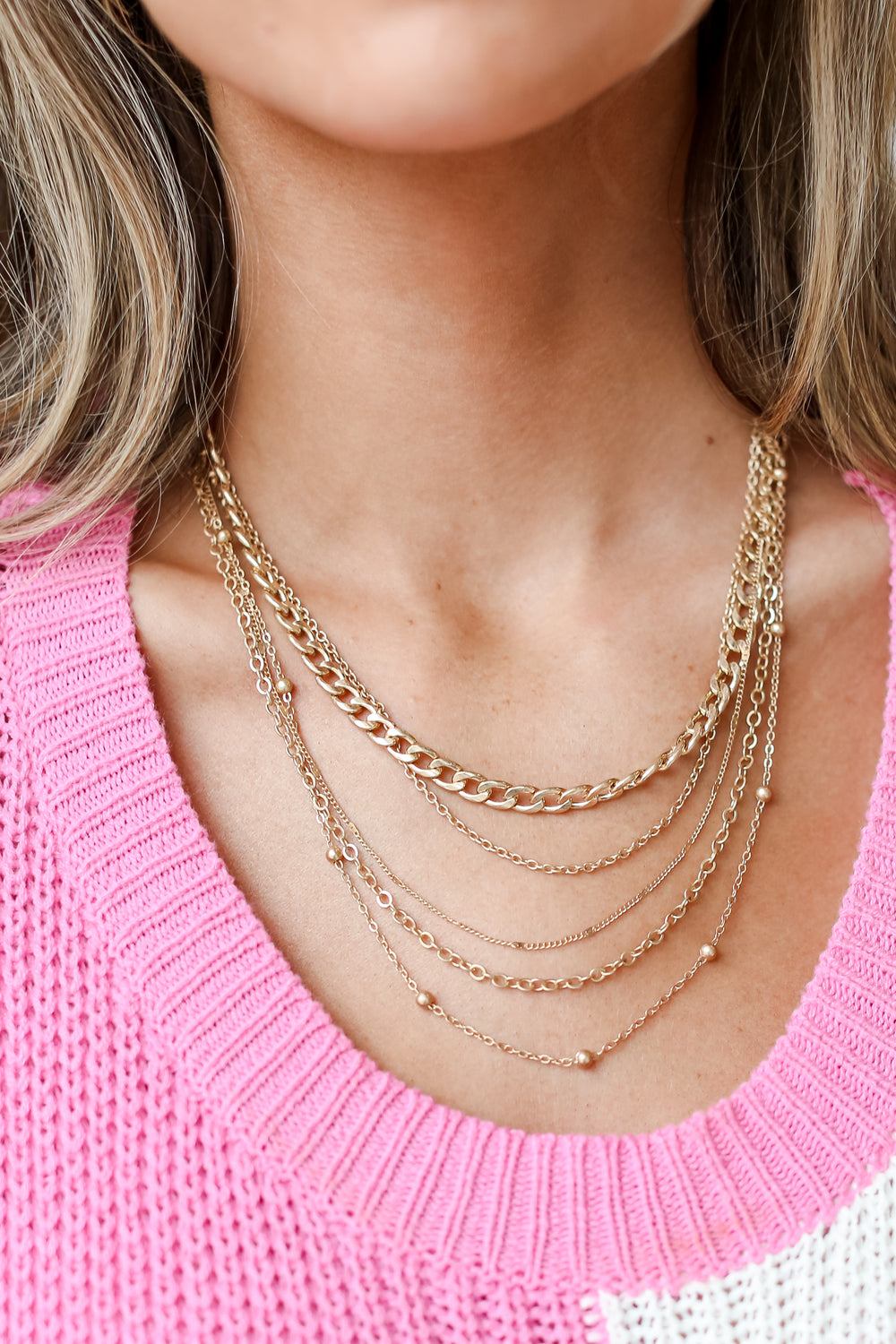 Gold Chain Layered Necklace on model