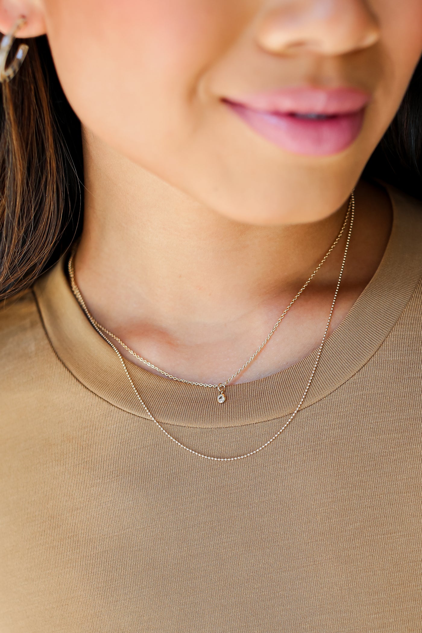 Gold Rhinestone Charm Layered Necklace on model