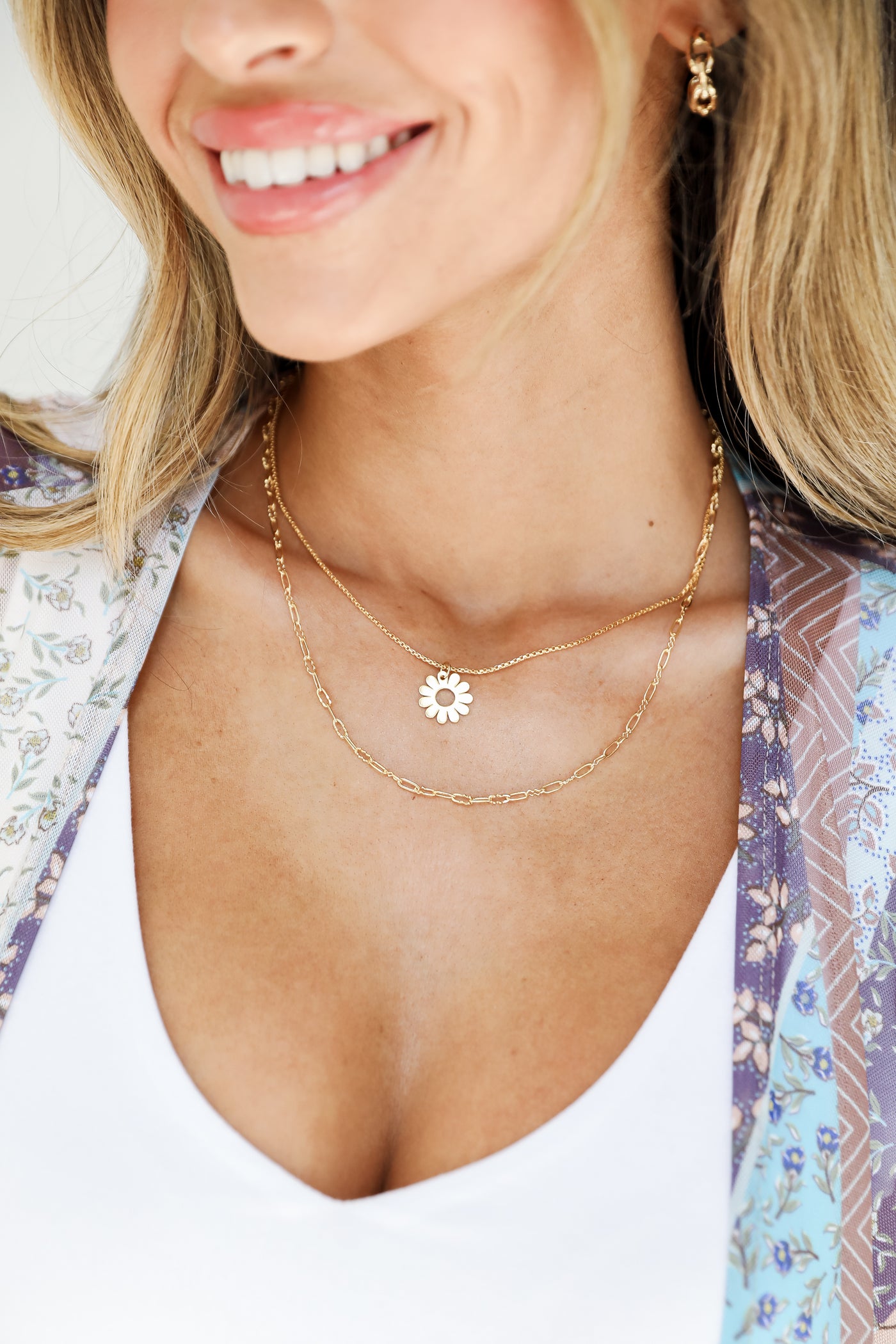 Gold Flower Charm Layered Necklace