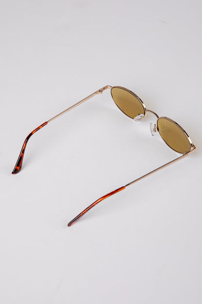 Sunglasses with gold frame and brown lenses on a white background