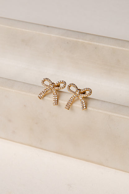 Erika Gold Rhinestone Bow Earrings