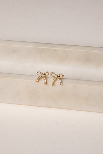 Erika Gold Rhinestone Bow Earrings