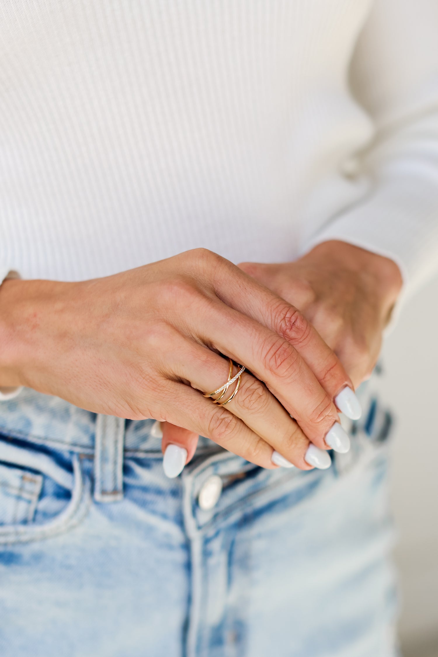 Gold Rhinestone Triple Ring on dress up model