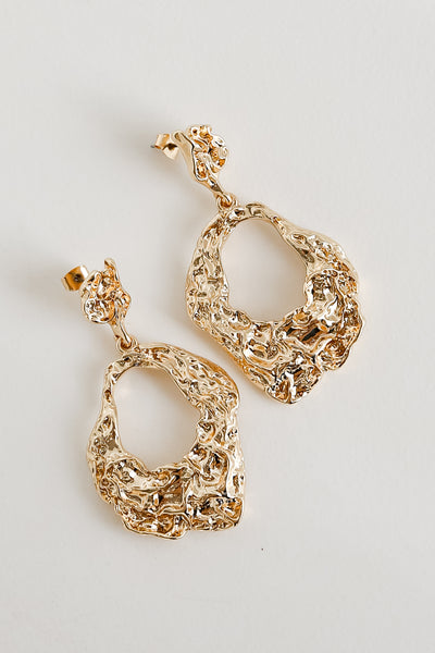 Gold Hammered Statement Drop Earrings