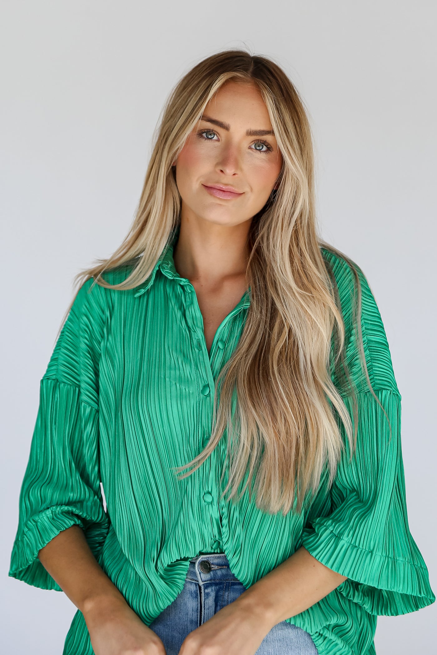 green textured blouse