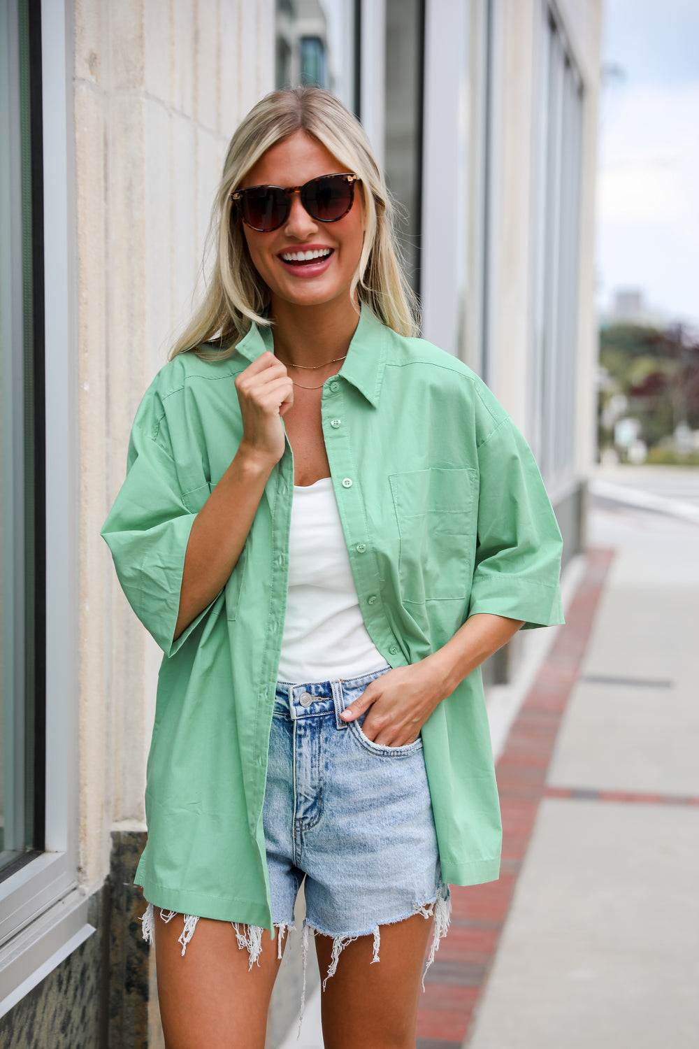 Totally Sensational Green Oversized Button-Up Blouse