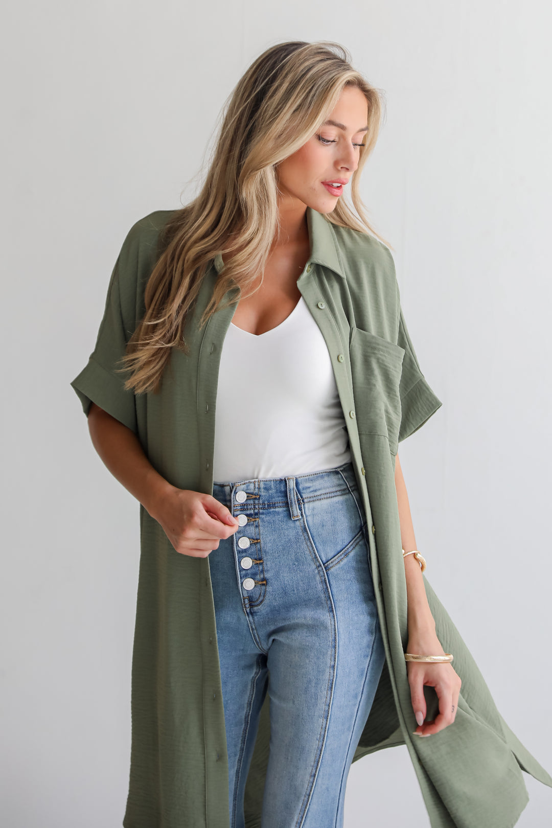 Composed Persona Green Button Front Midi Dress