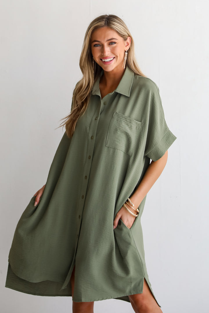 Composed Persona Green Button Front Midi Dress