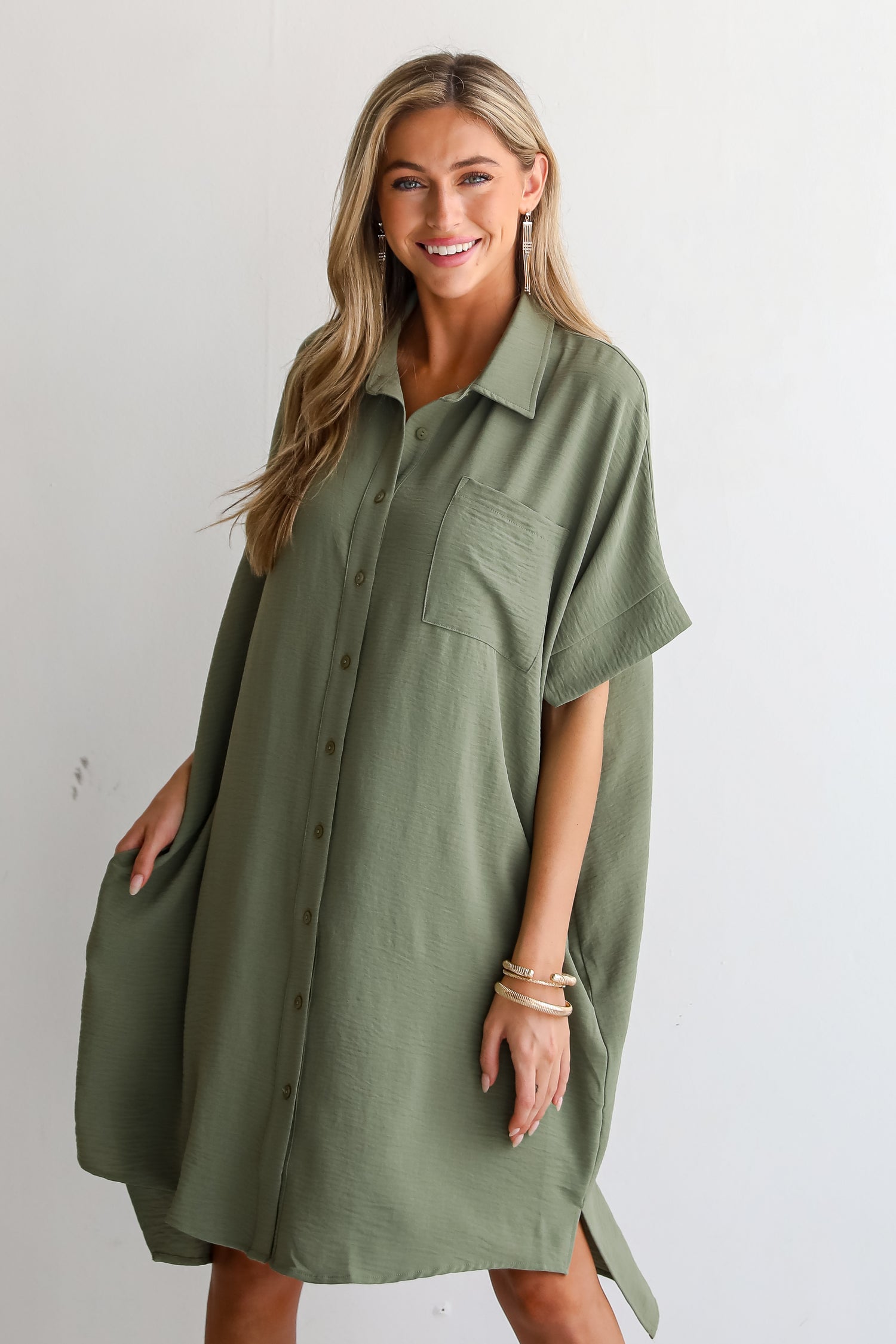 Composed Persona Green Button Front Midi Dress