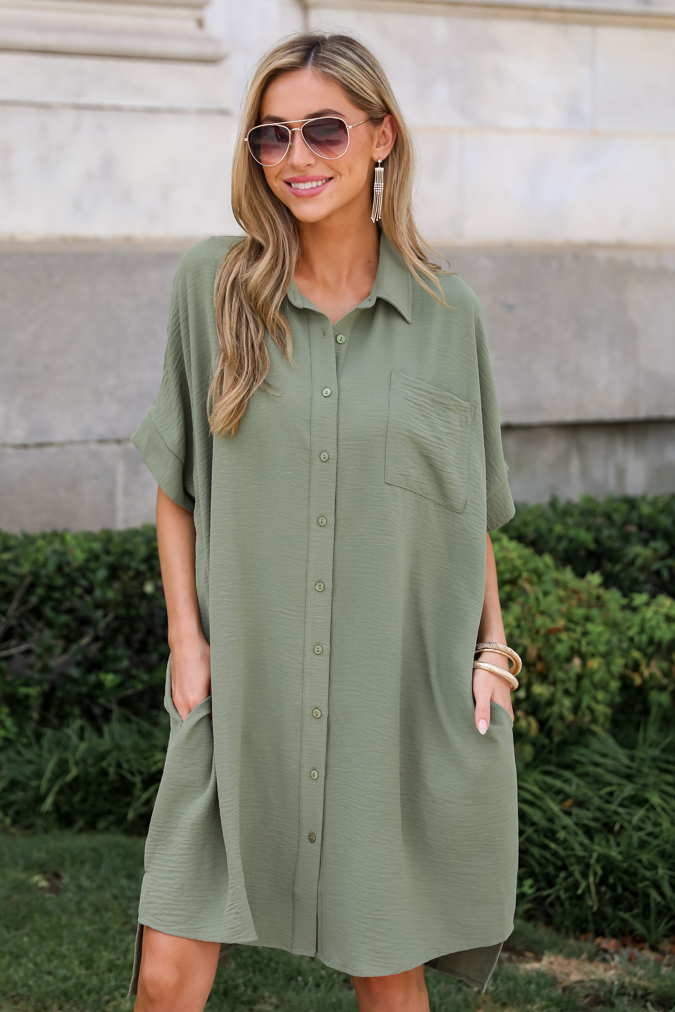 Composed Persona Green Button Front Midi Dress