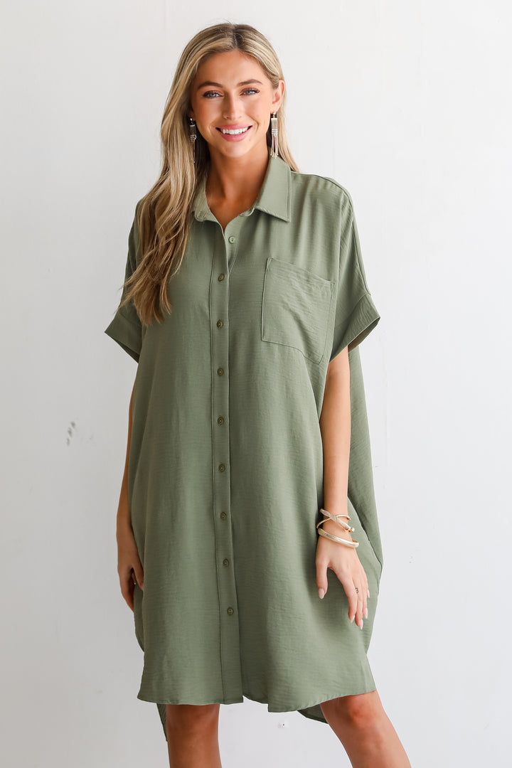 Composed Persona Green Button Front Midi Dress