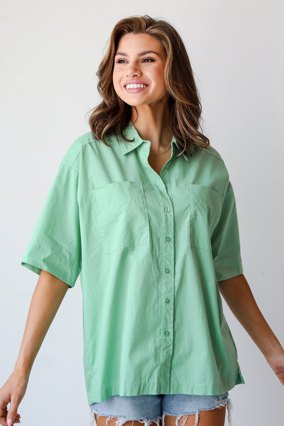 womens Green Oversized Button-Up Blouse