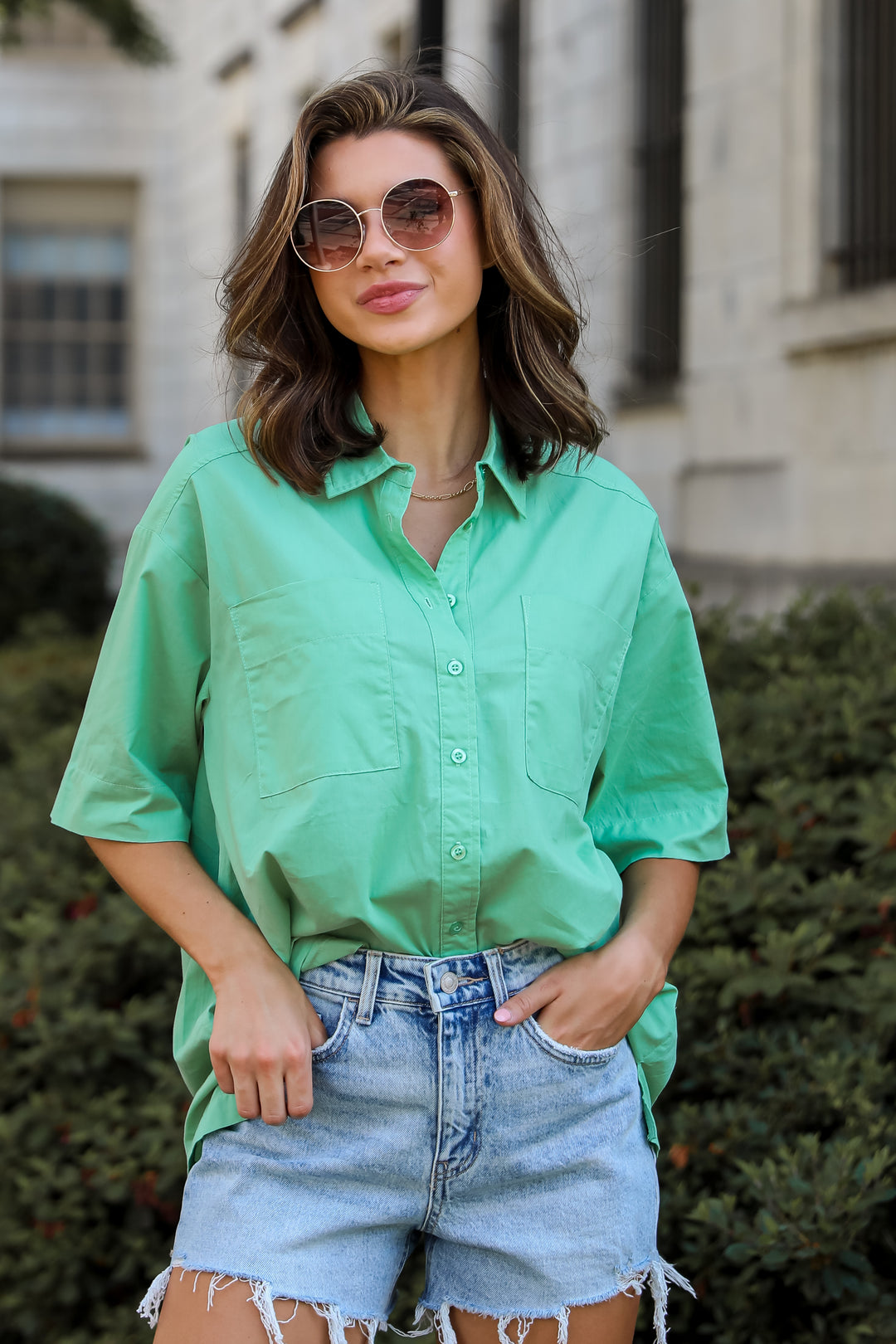 Green Oversized Button-Up Blouse