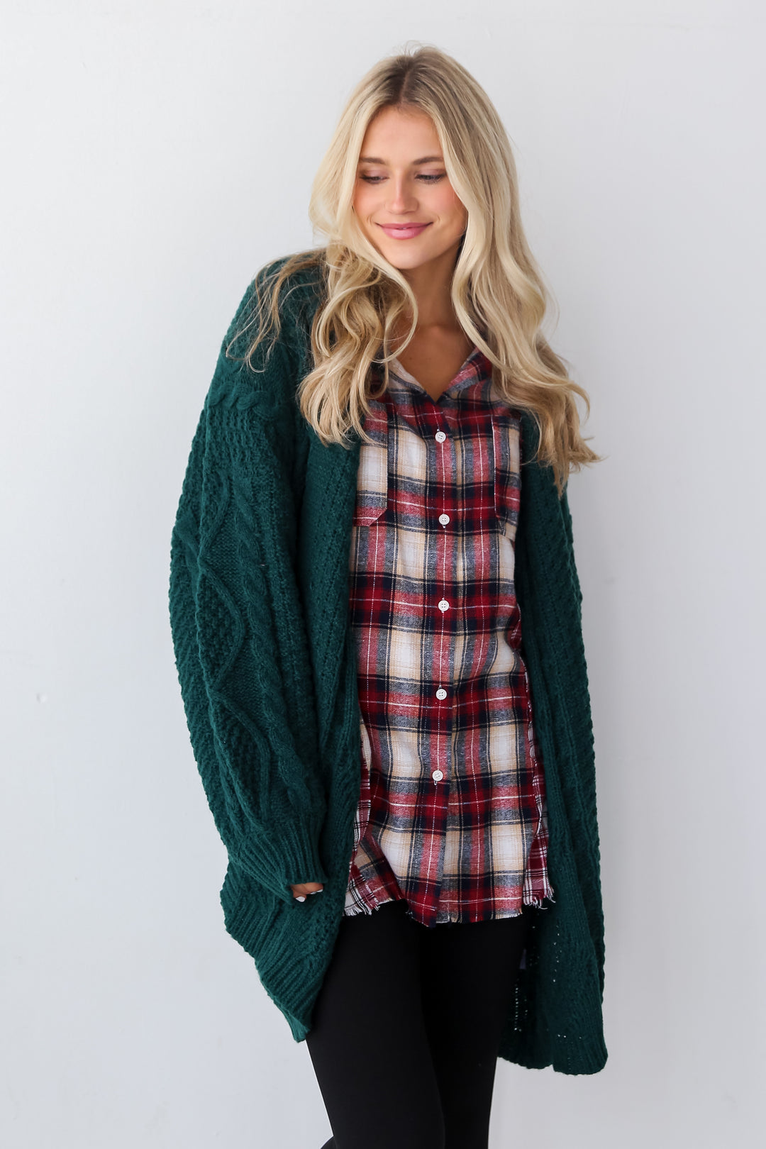 Hunter Green Cable Knit Cardigan on model