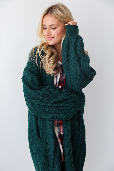 Hunter Green Cable Knit Cardigan front view