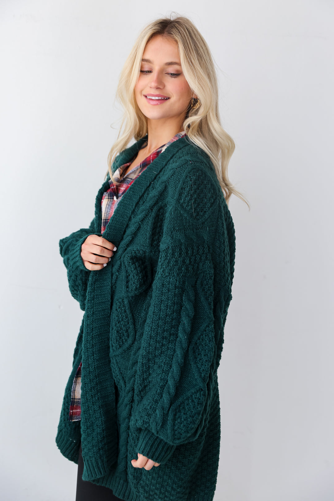 Hunter Green Cable Knit Cardigan side view