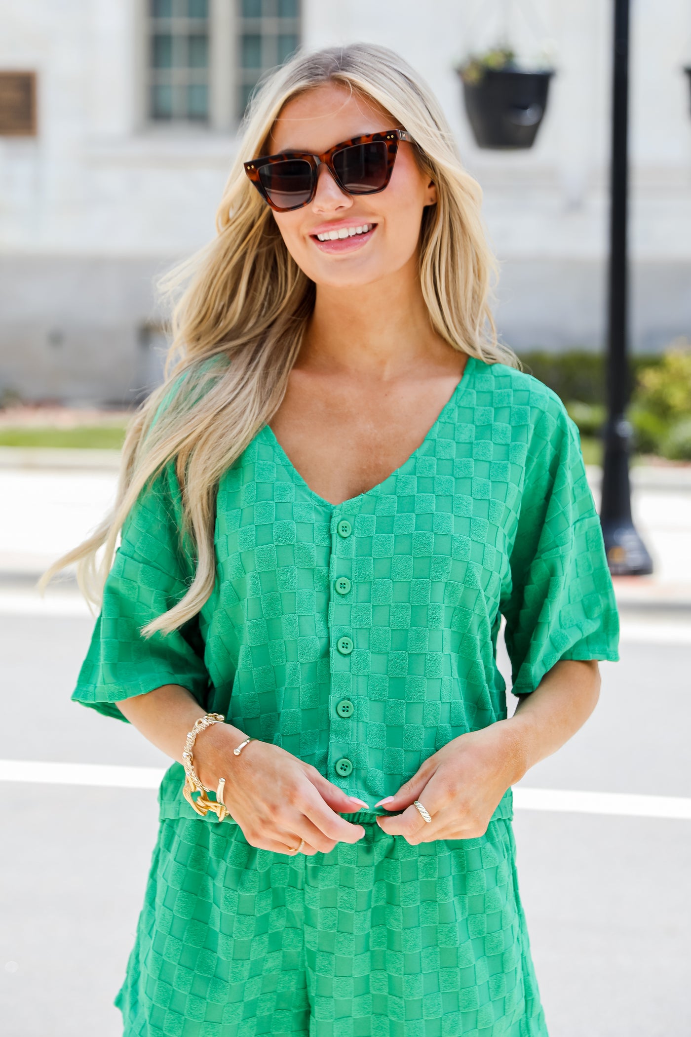 green Checkered Top on model