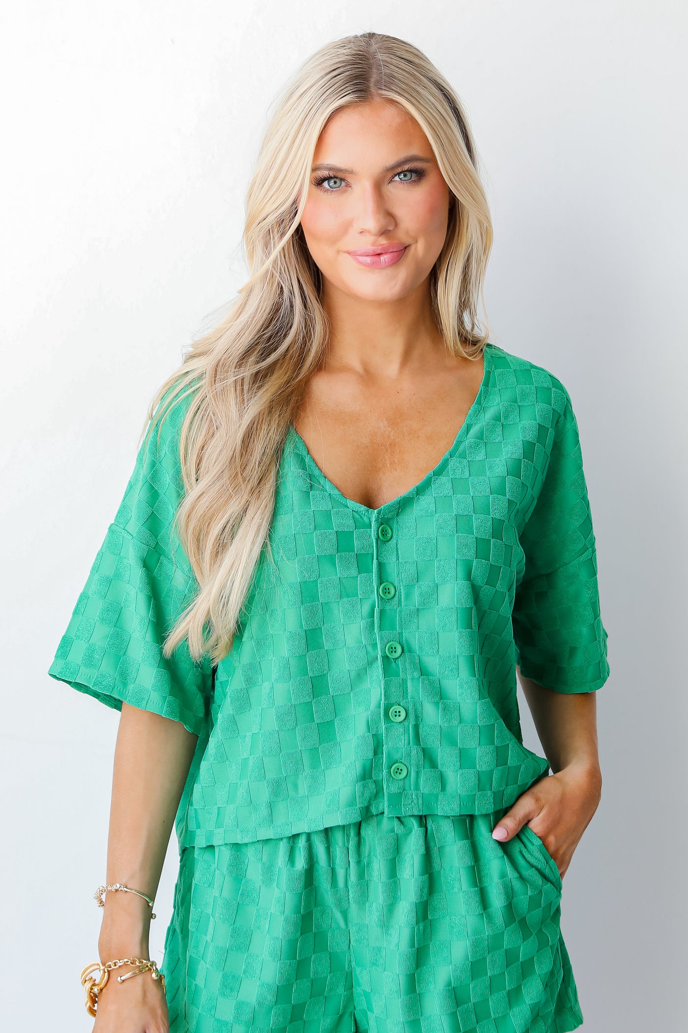 green Checkered Top on dress up model