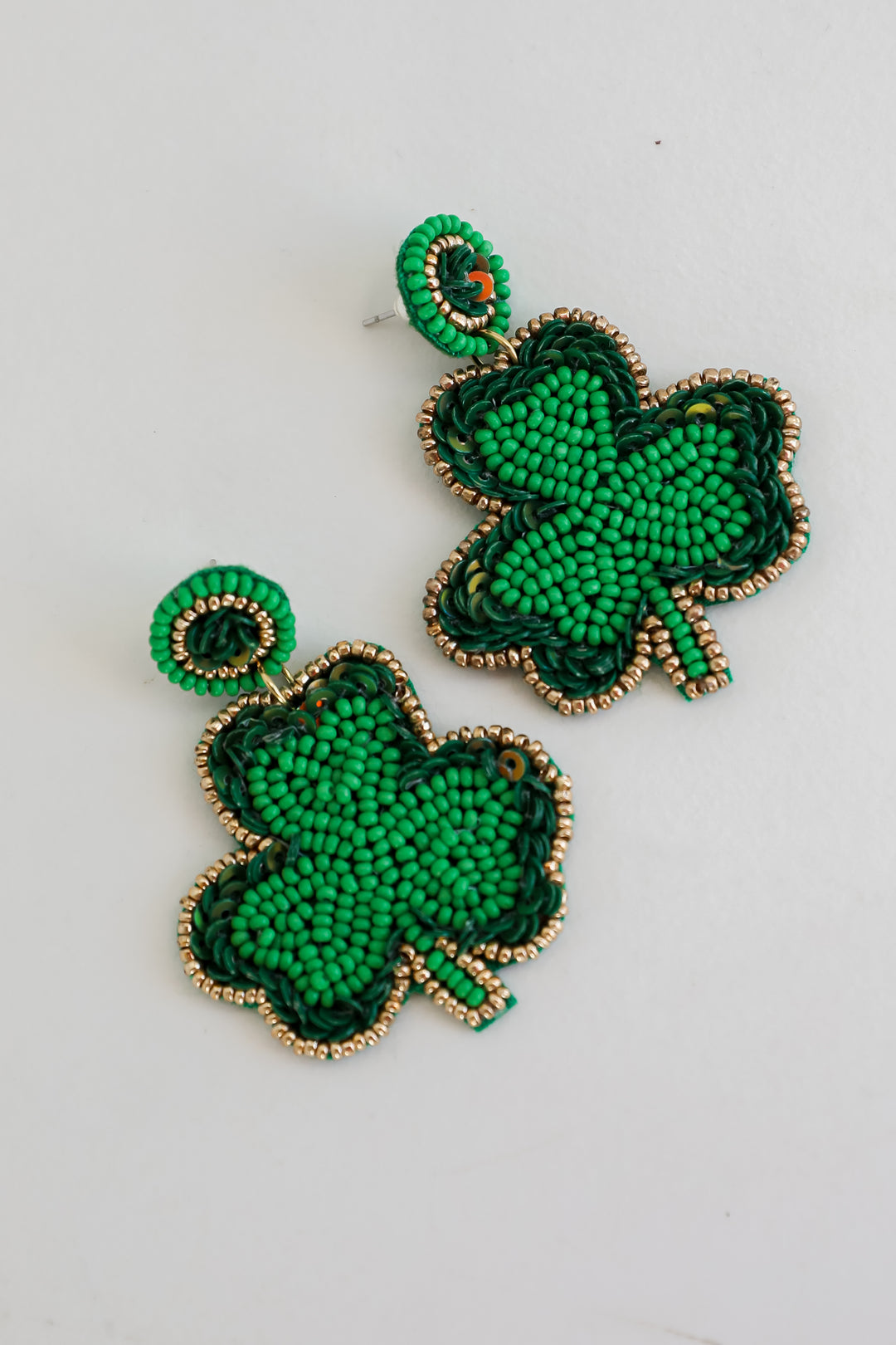 Green Beaded Four Leaf Clover Earrings