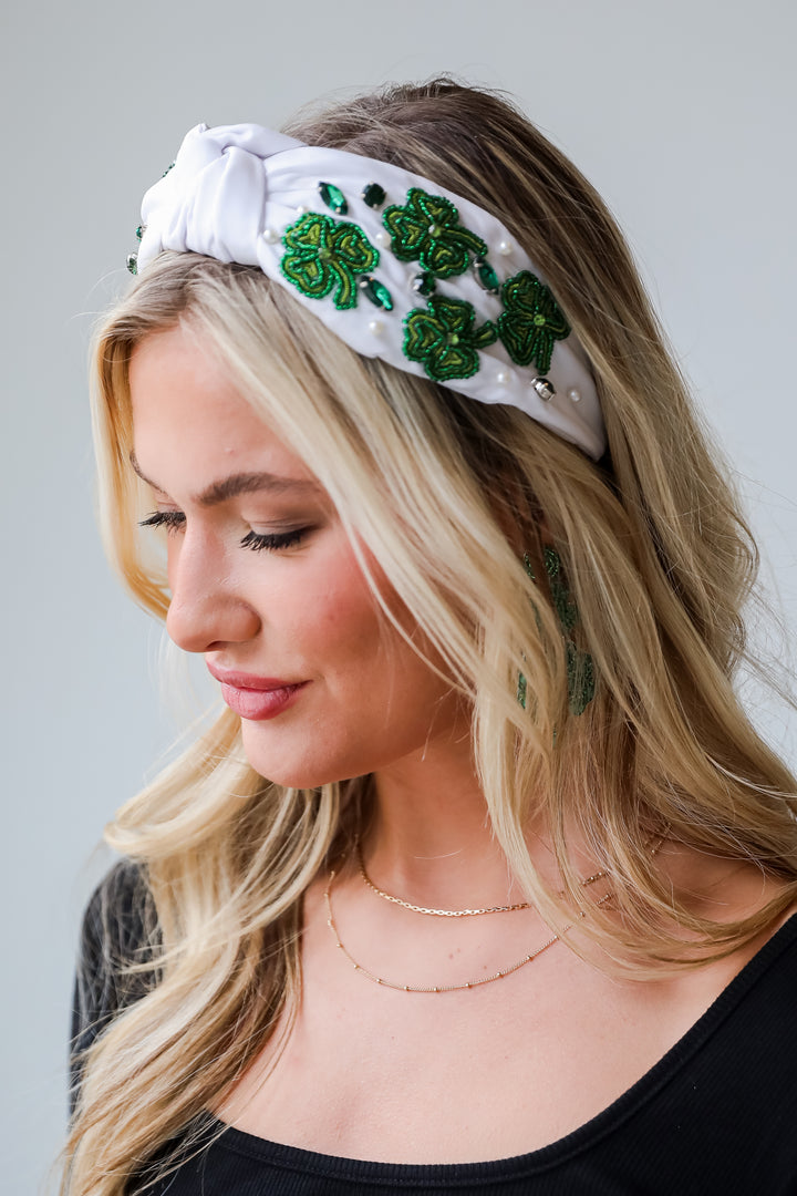 White Beaded Four Leaf Clover Knotted Headband