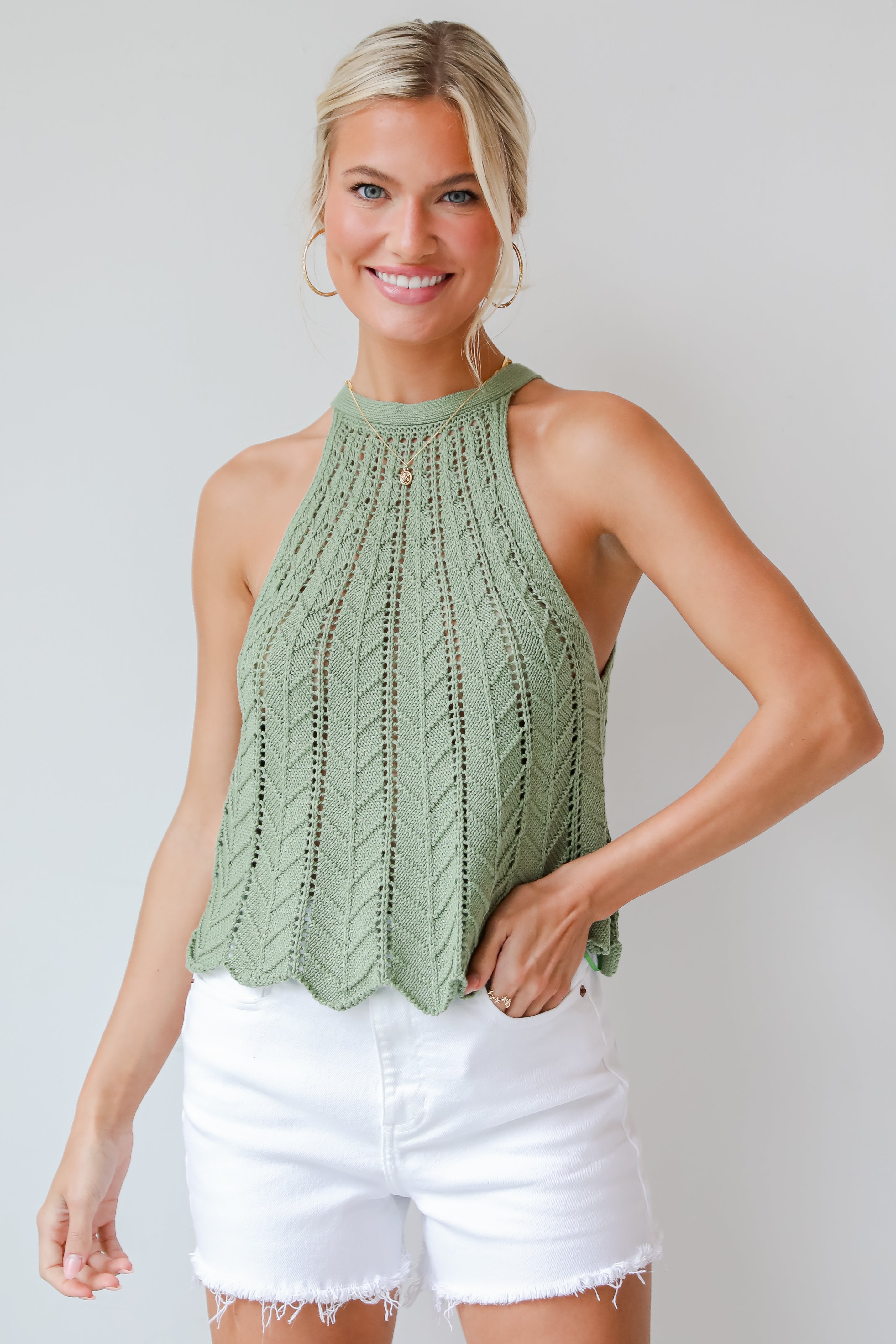 womens Olive Crochet Knit Tank