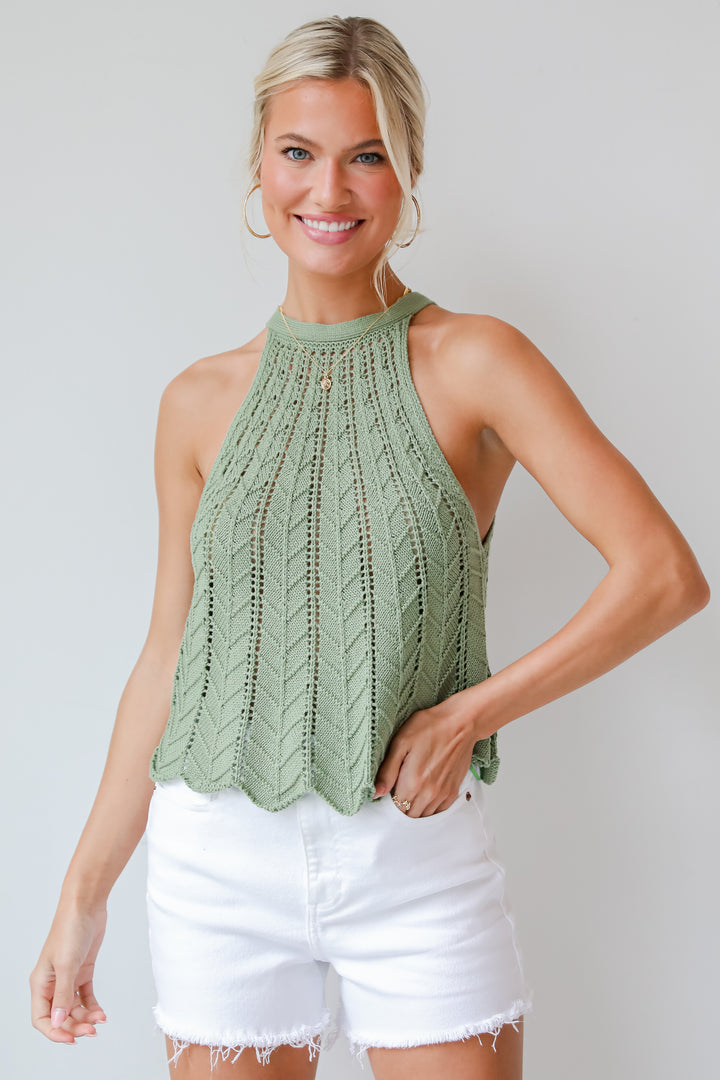 womens Olive Crochet Knit Tank