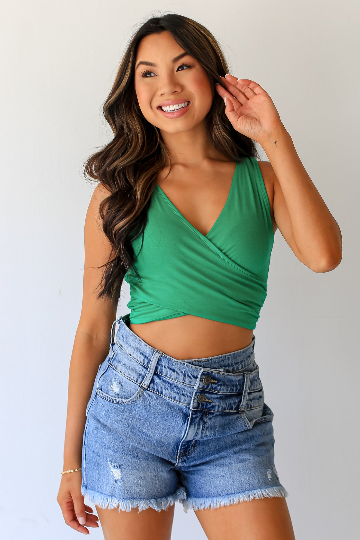 green Surplice Cropped Tank front view