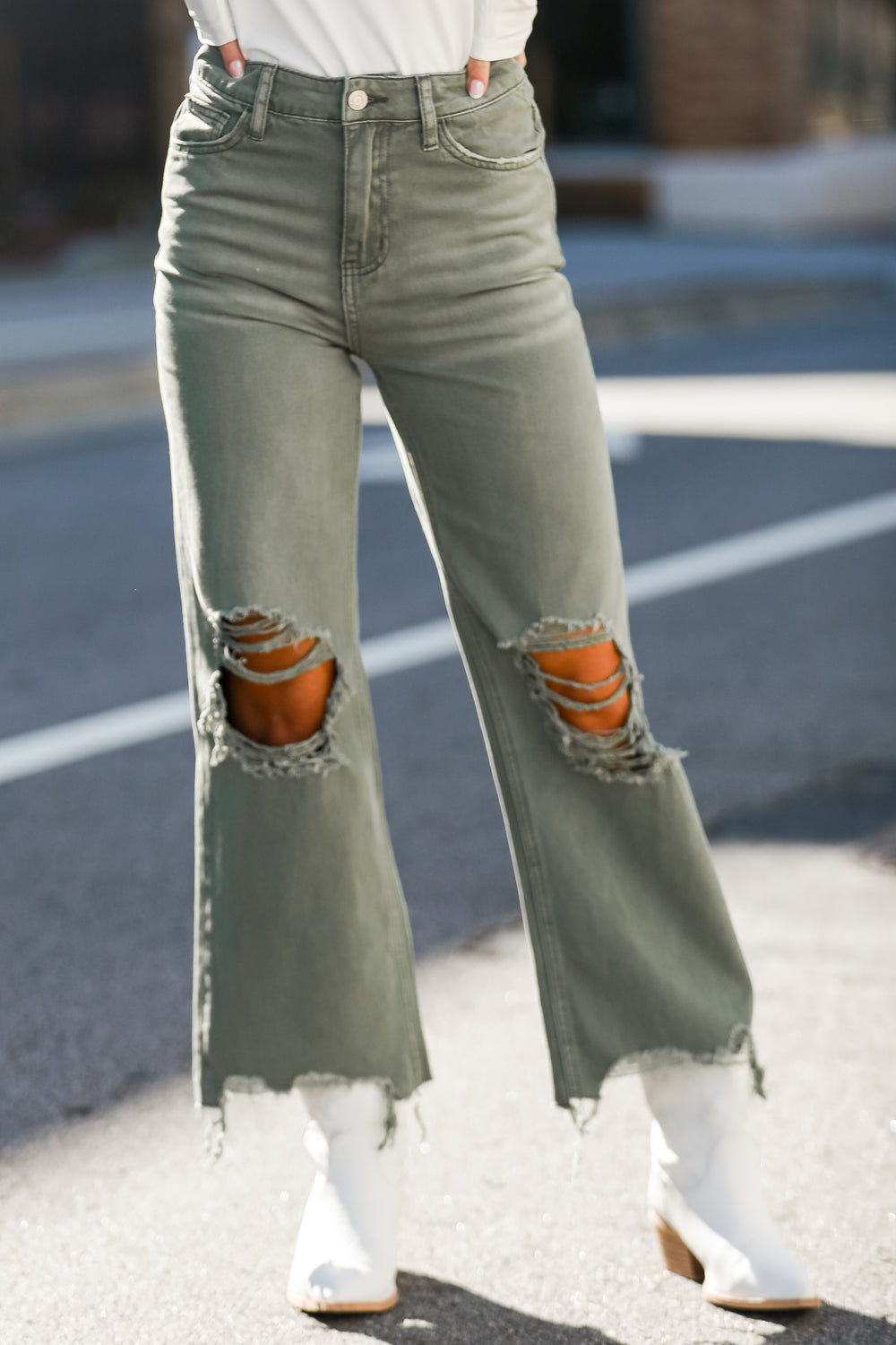 Army Green 90s Vintage Crop Flare Jeans