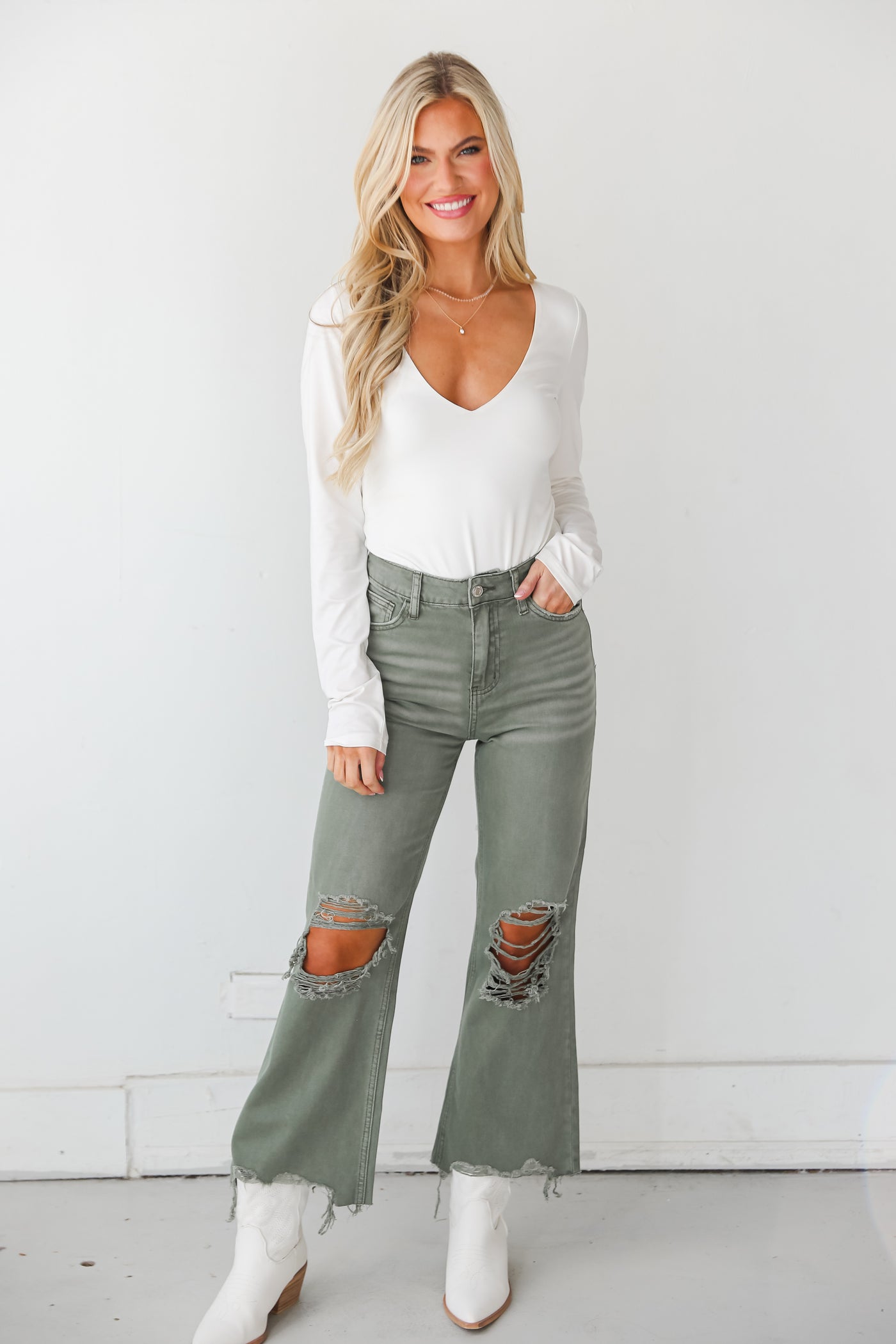 high waisted Army Green 90s Vintage Crop Flare Jeans