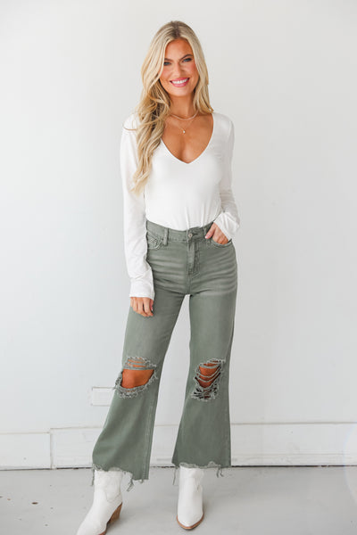 high waisted Army Green 90s Vintage Crop Flare Jeans