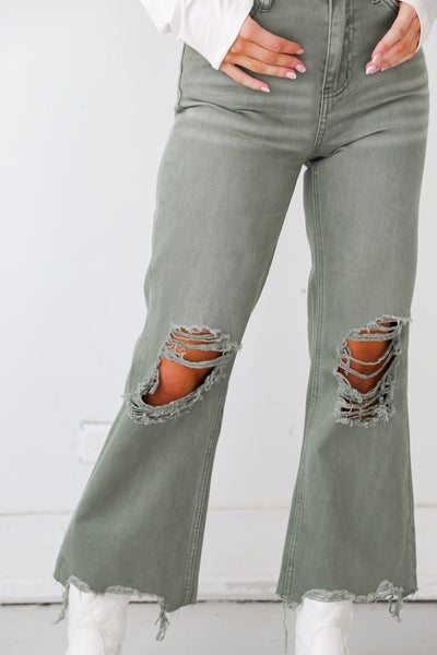 Army Green 90s Vintage Crop Flare Jeans for women