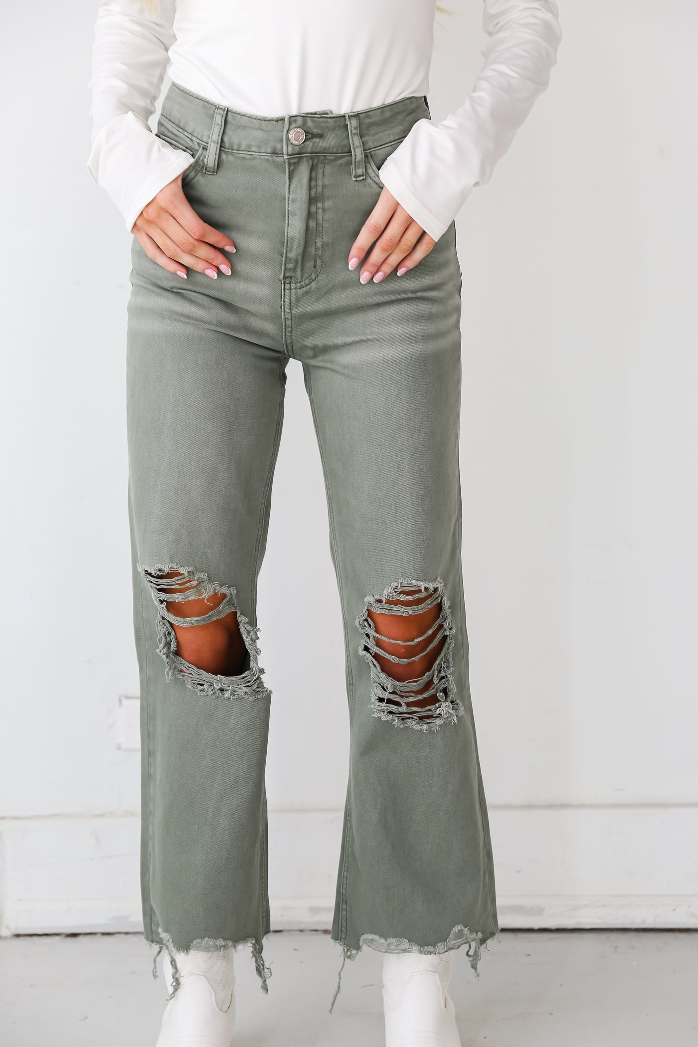 Army Green 90s Vintage Crop Flare Jeans close up
