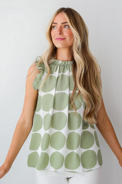 girly Sage Dotted Ruffle Blouse