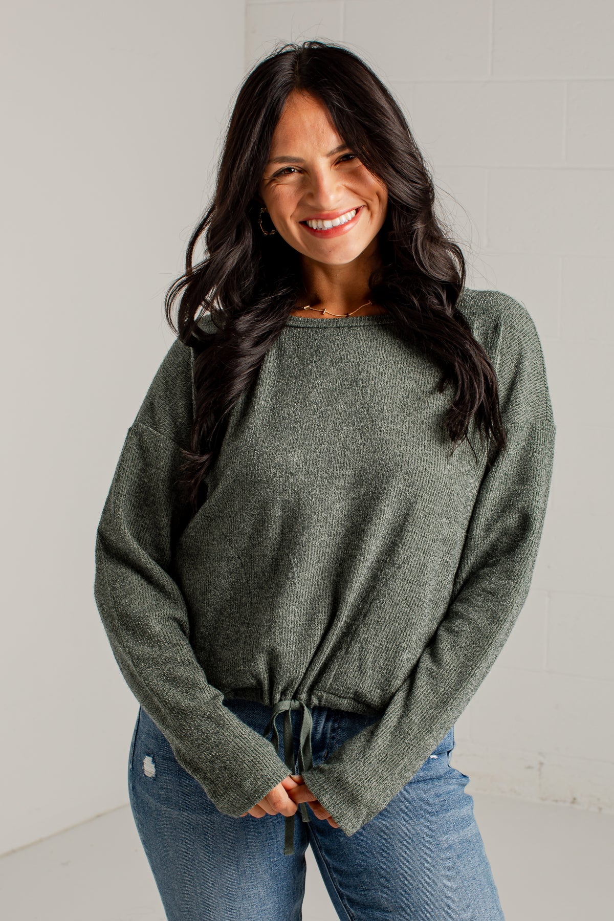 A Little Downtime Drawstring Green Knit Top
