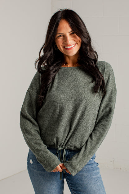 A Little Downtime Drawstring Green Knit Top