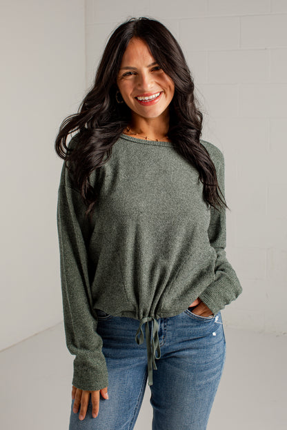 A Little Downtime Drawstring Green Knit Top