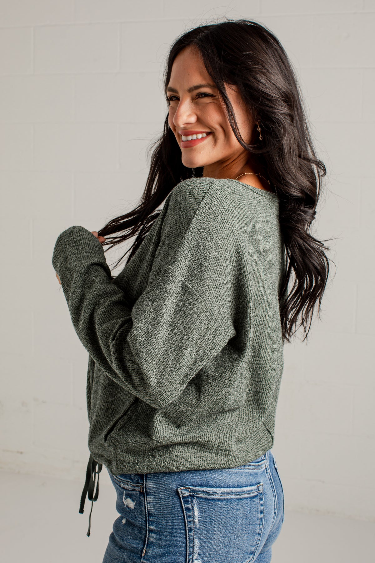 A Little Downtime Drawstring Green Knit Top