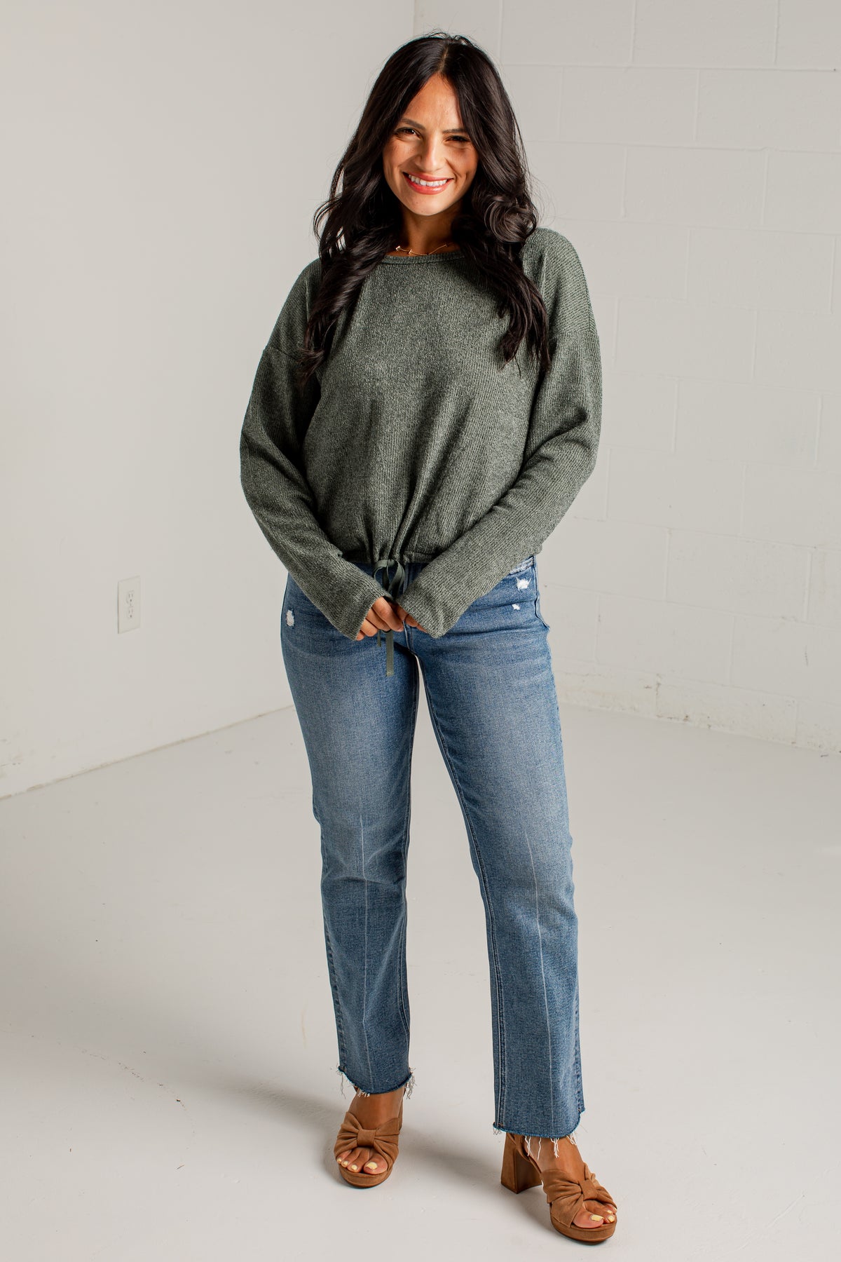 A Little Downtime Drawstring Green Knit Top
