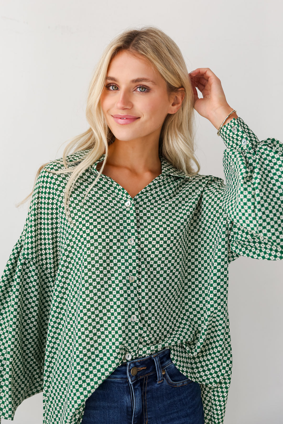 Green Button-Up Blouse front view