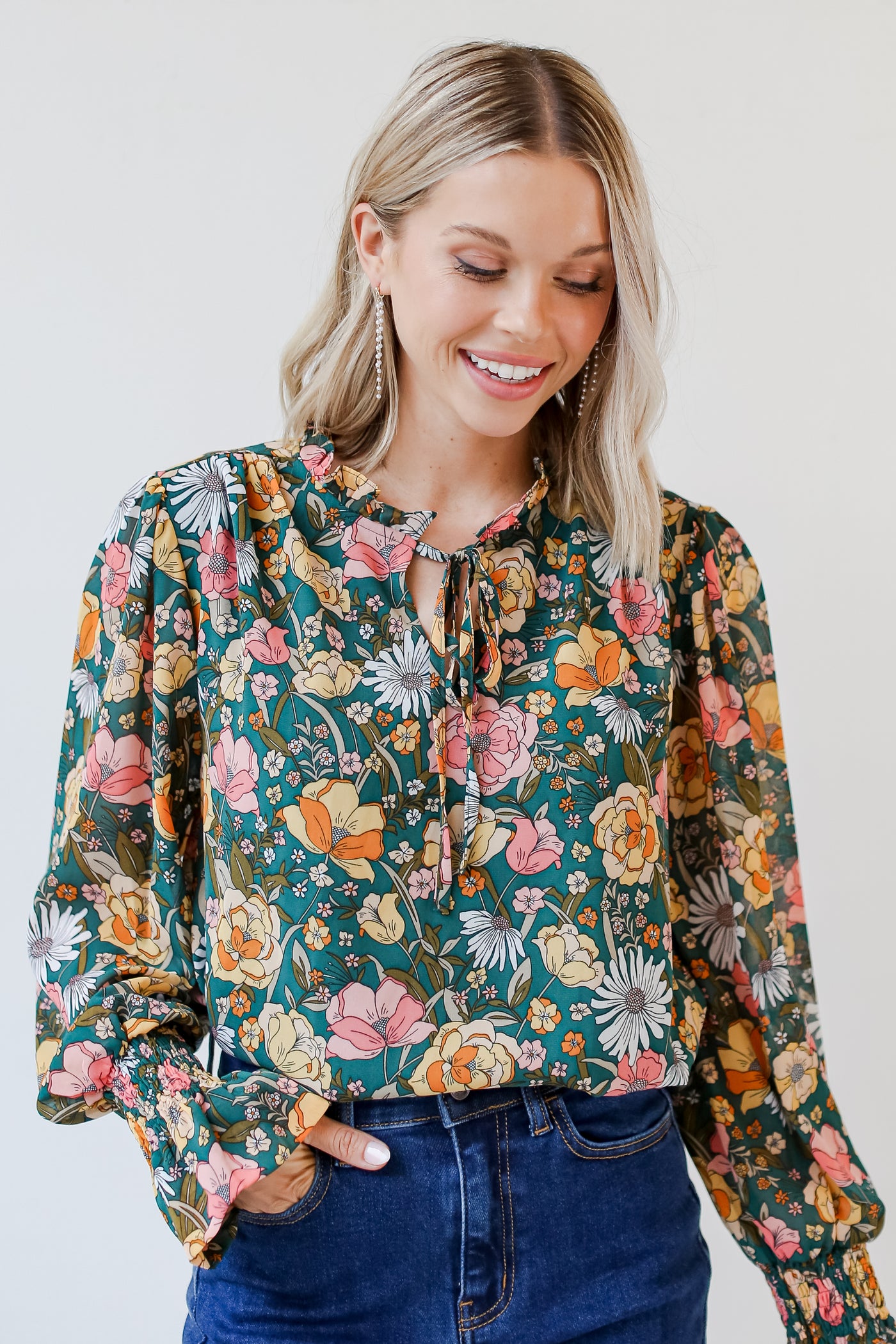 green Floral Blouse close up