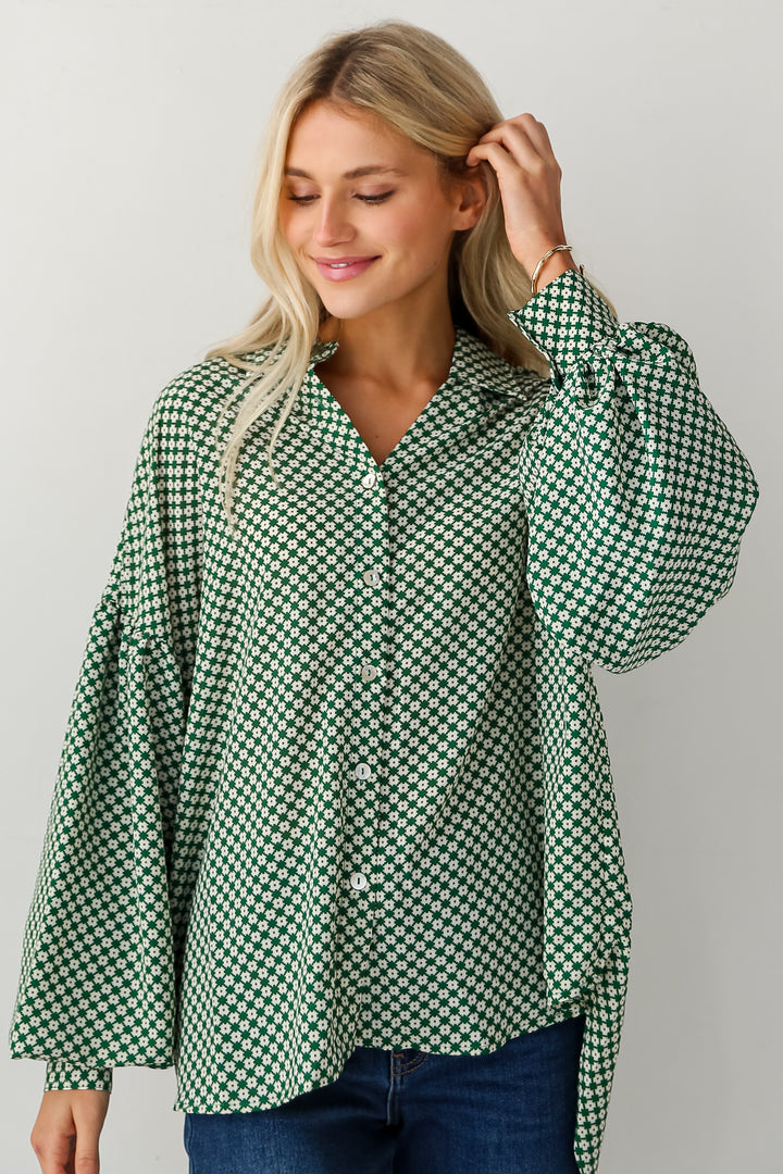 trendy Green Button-Up Blouse