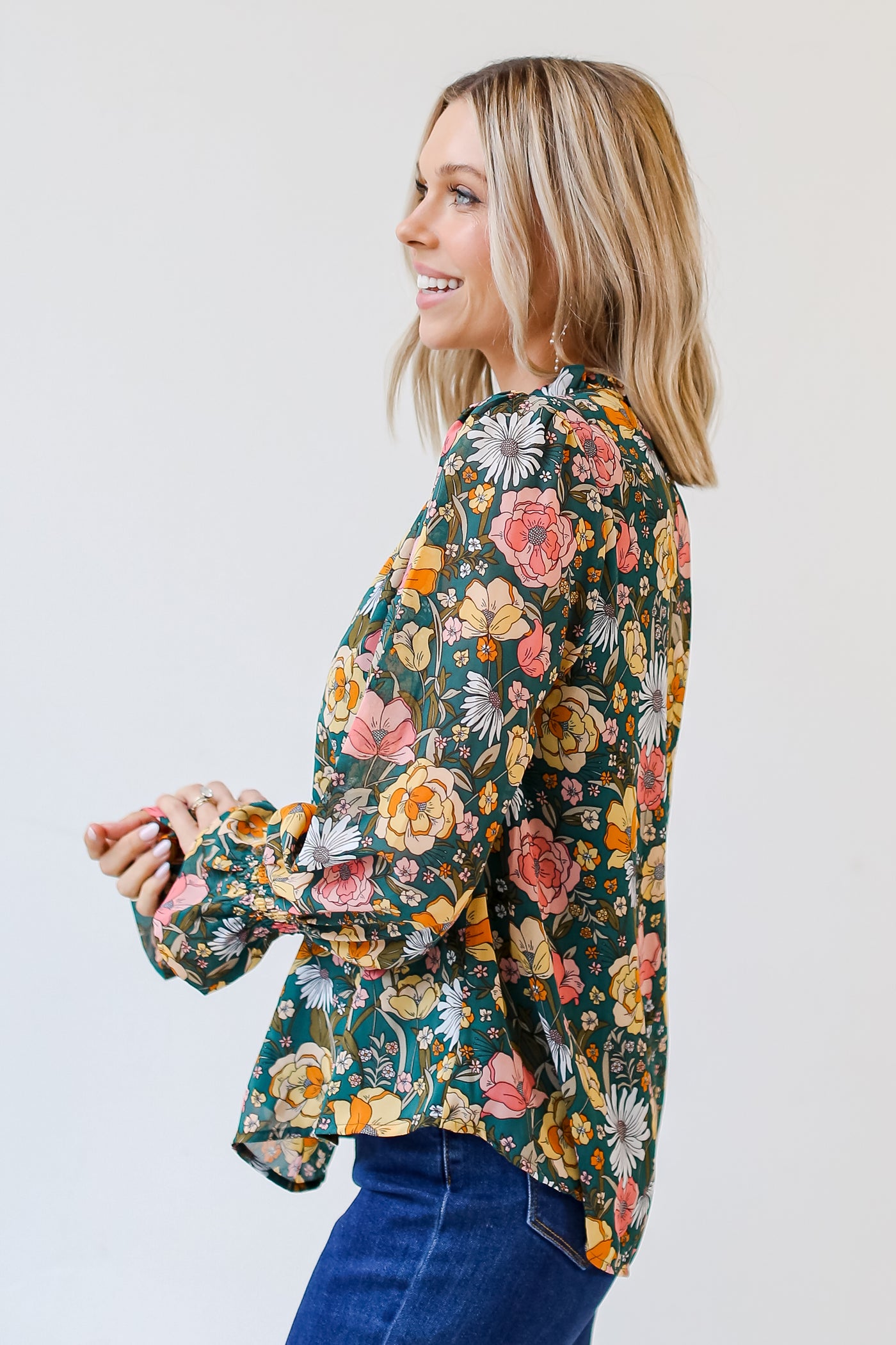 green Floral Blouse side view