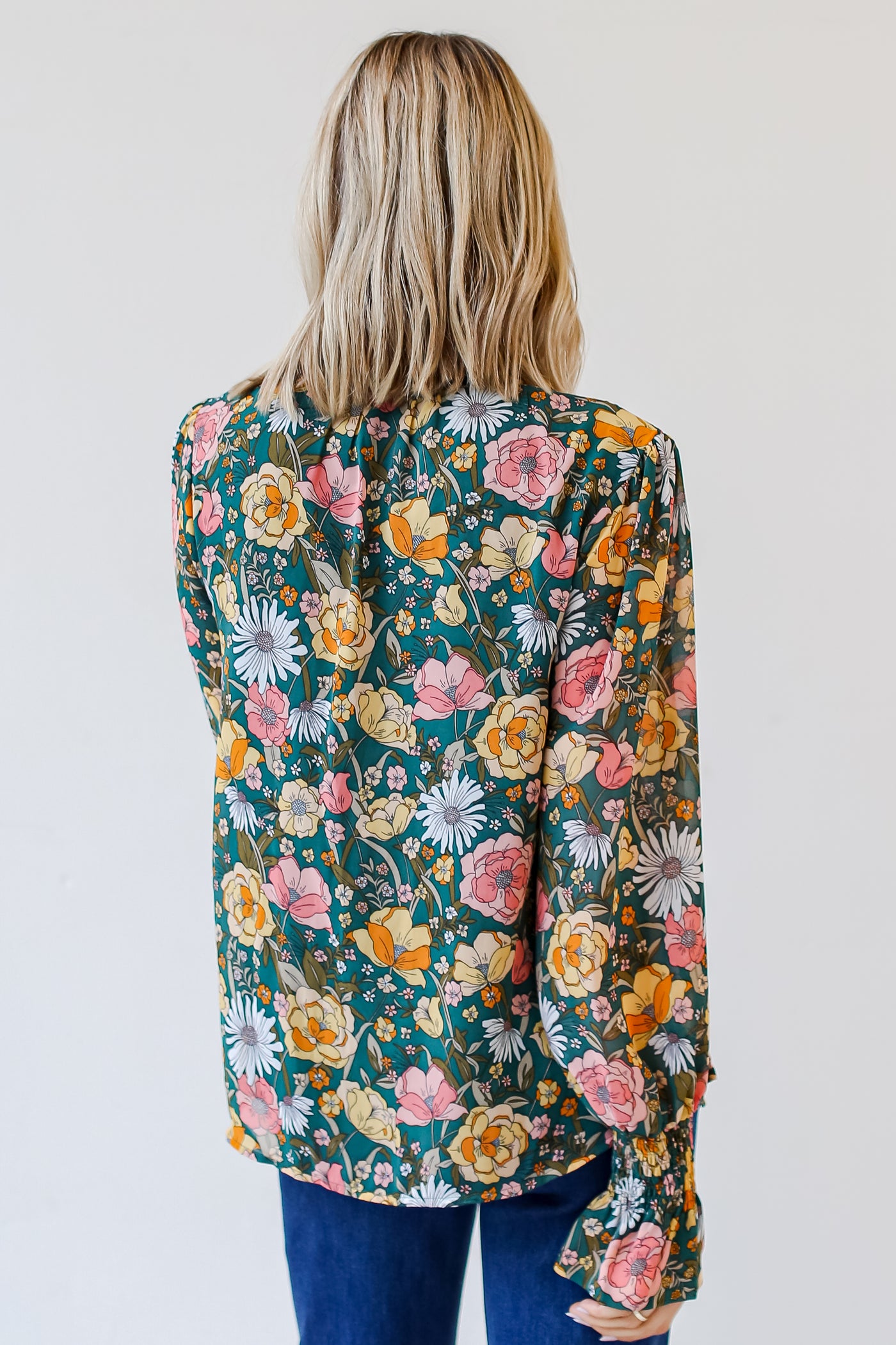 green Floral Blouse back view