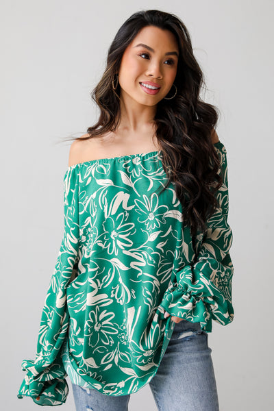 Darling Quality Green Floral Blouse off the shoulder Green Floral Blouse
