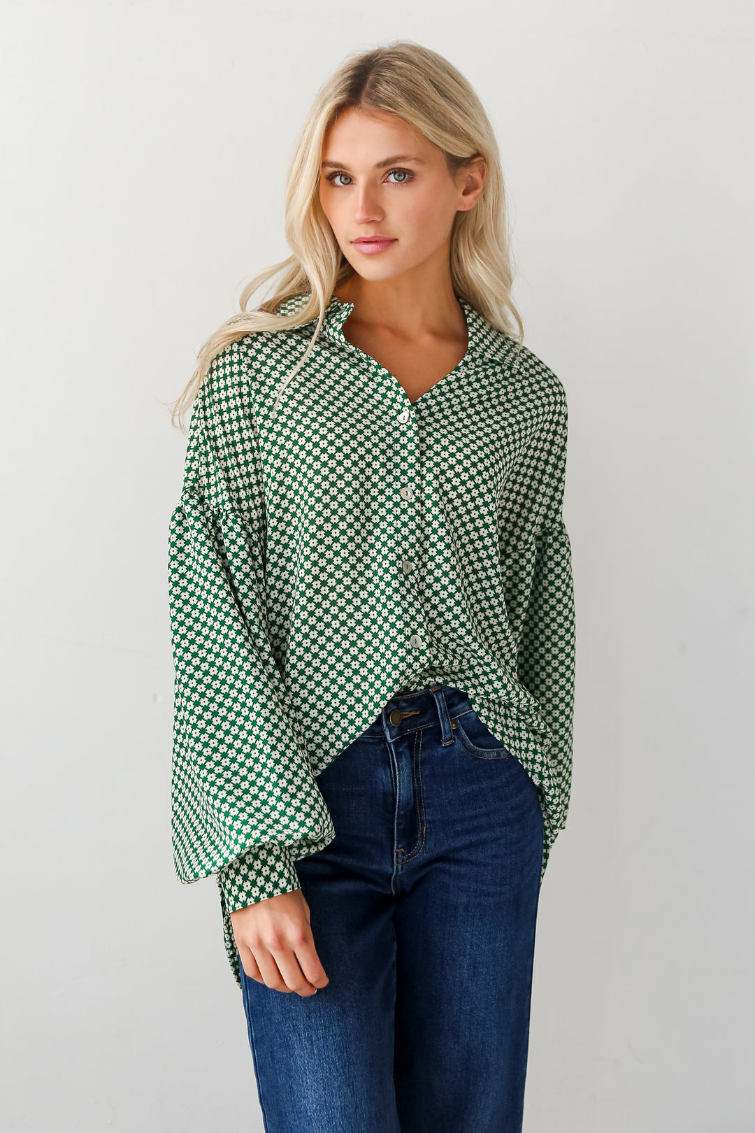 Green Button-Up Blouse on model