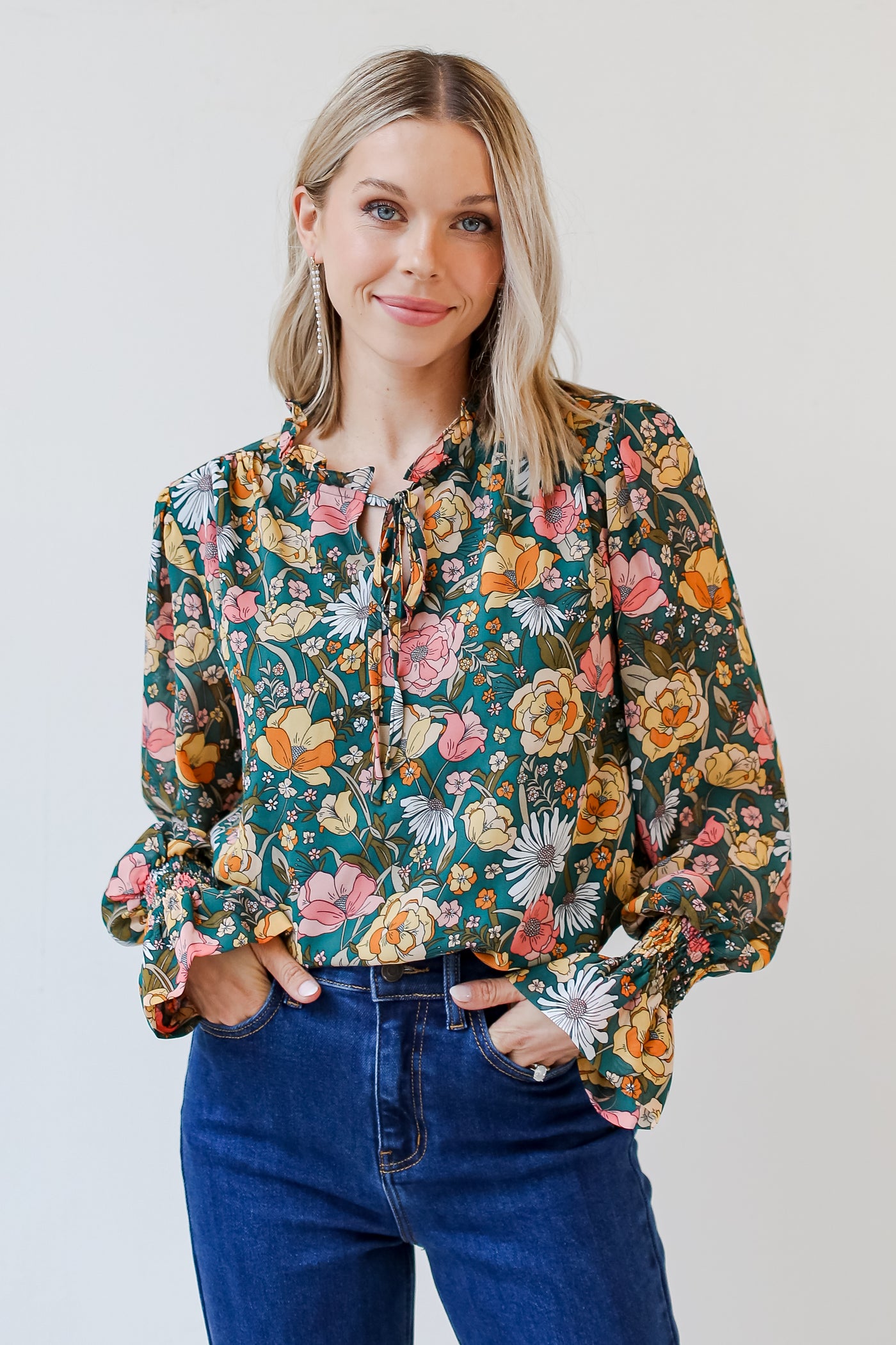 green Floral Blouse front view