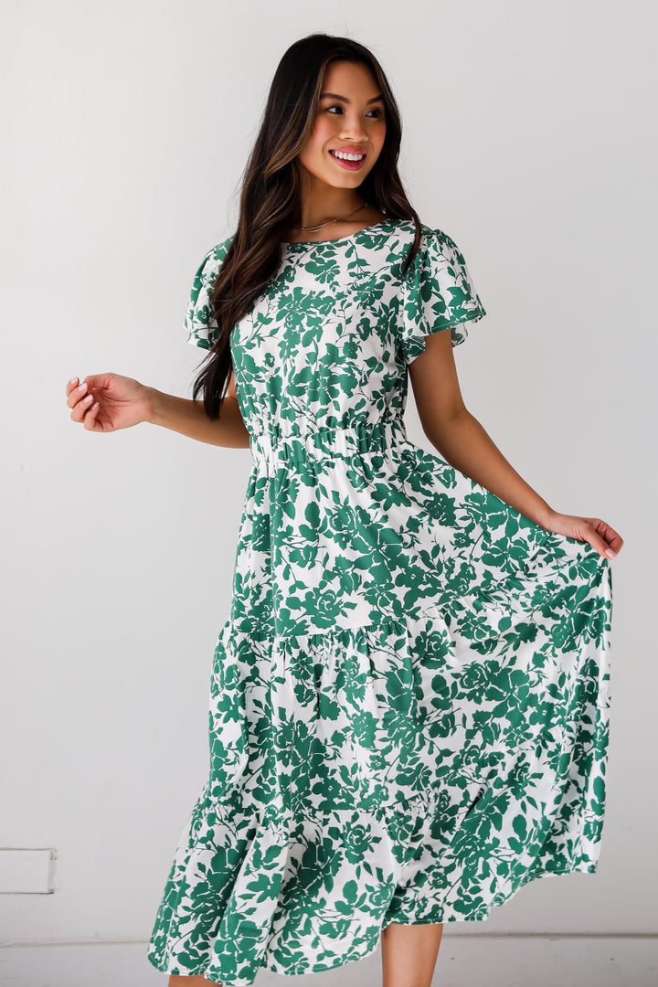 flowy Green Floral Midi Dress